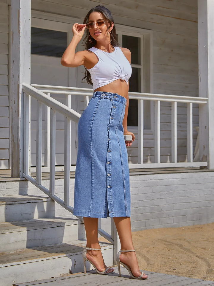 Button Side Split Denim Skirt