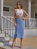 Button Side Split Denim Skirt