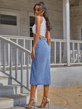 Button Side Split Denim Skirt