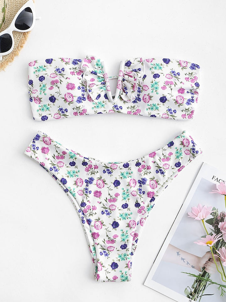 Ruffle Ribbed High Cut Bikini