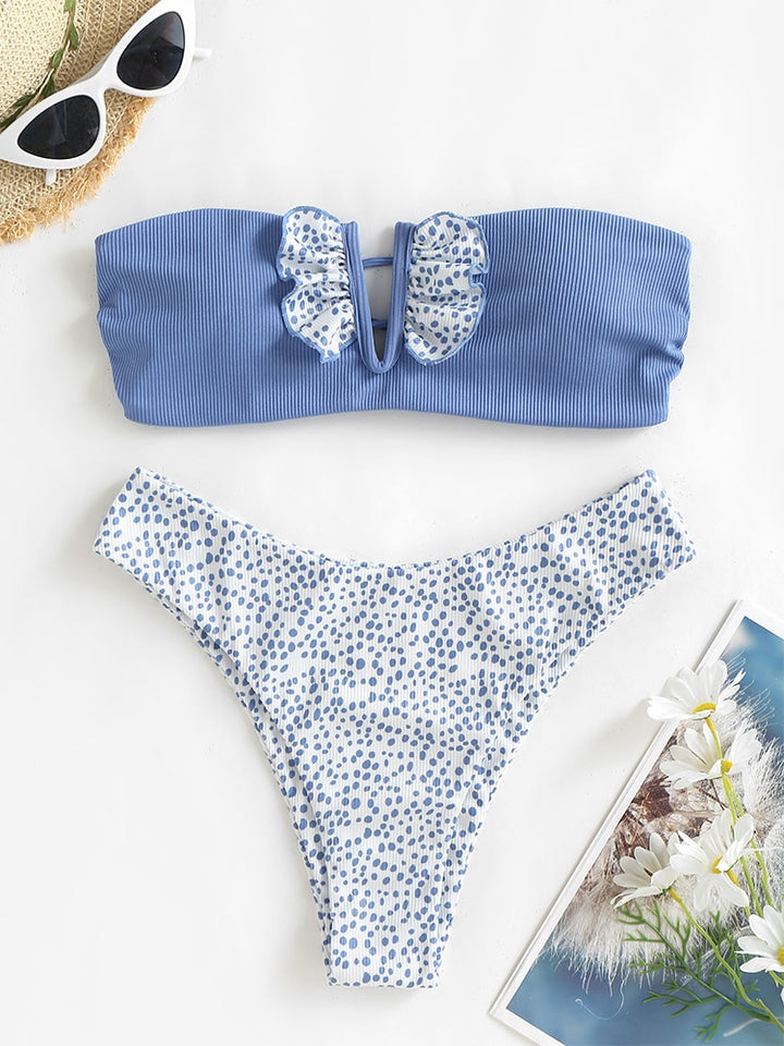 Ruffle Ribbed High Cut Bikini