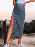 Button Side Split Denim Skirt
