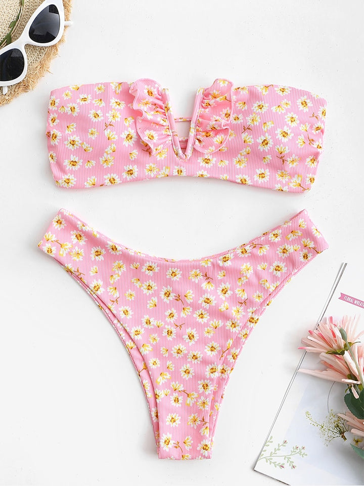 Ruffle Ribbed High Cut Bikini