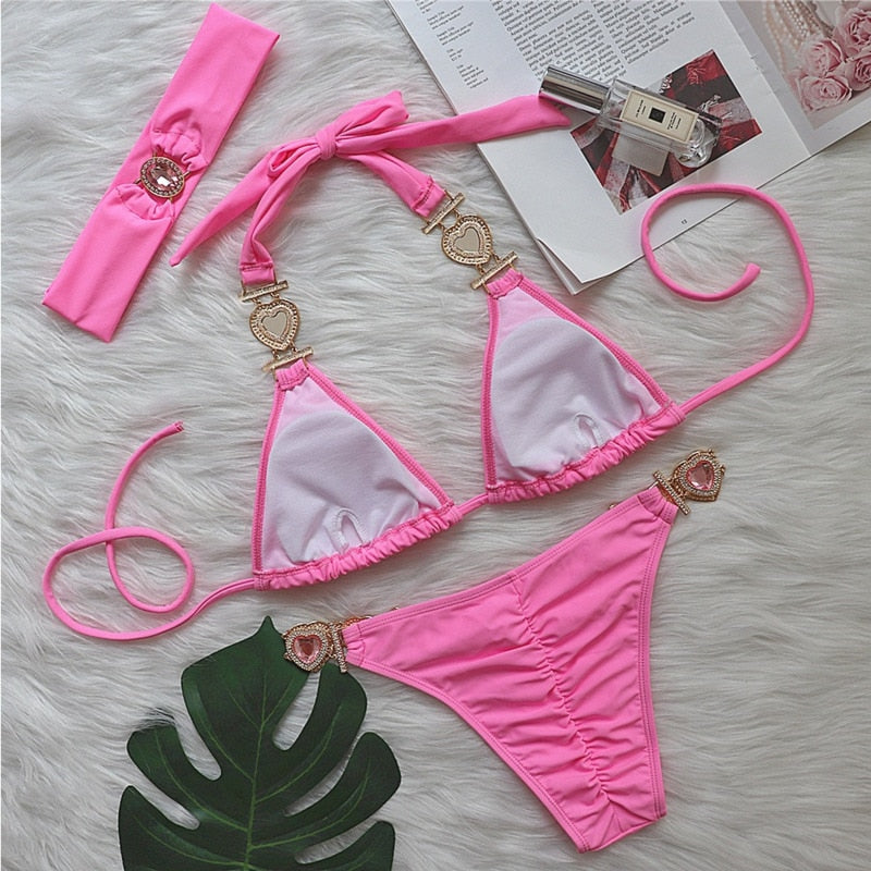 Heart Rhinestones Bikini Set