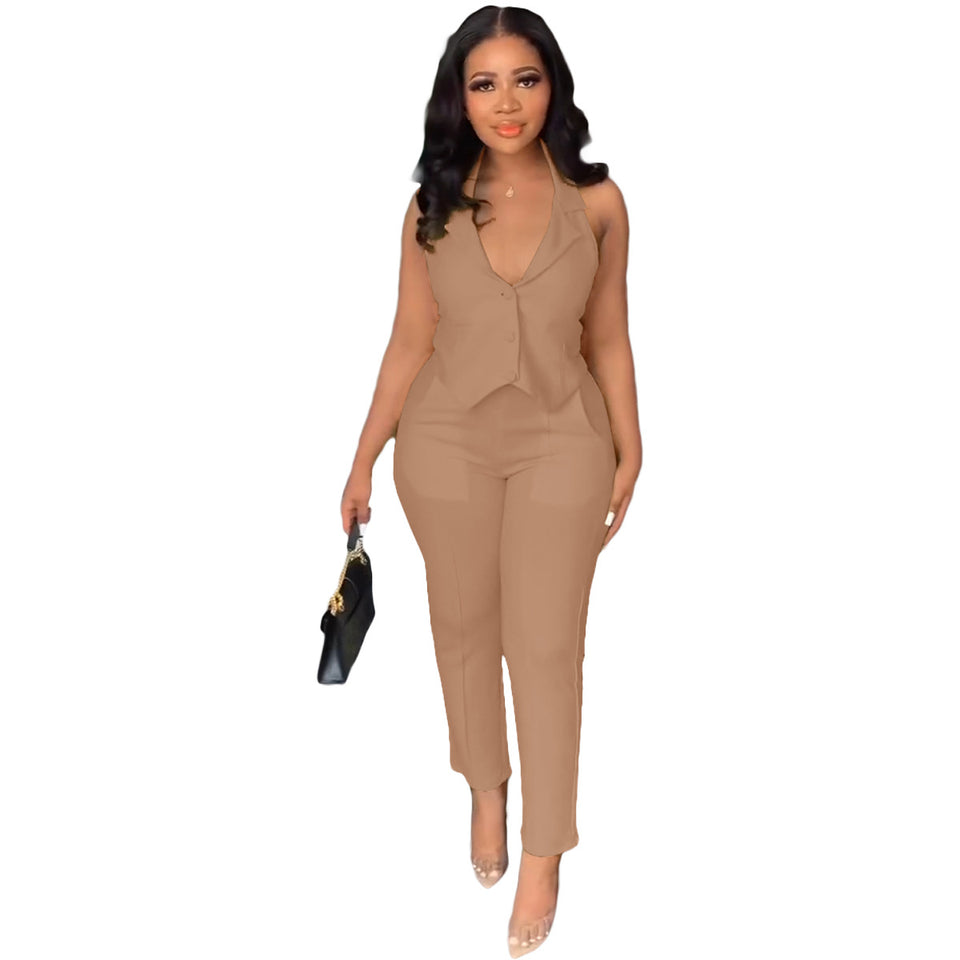 Halter Neck Top 2Pcs Pants Set