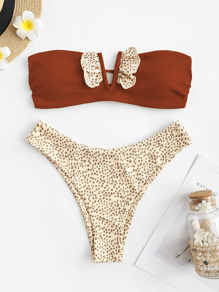 Ruffle Ribbed High Cut Bikini