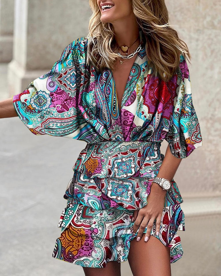 V-Neck Ruffled Mini Dress