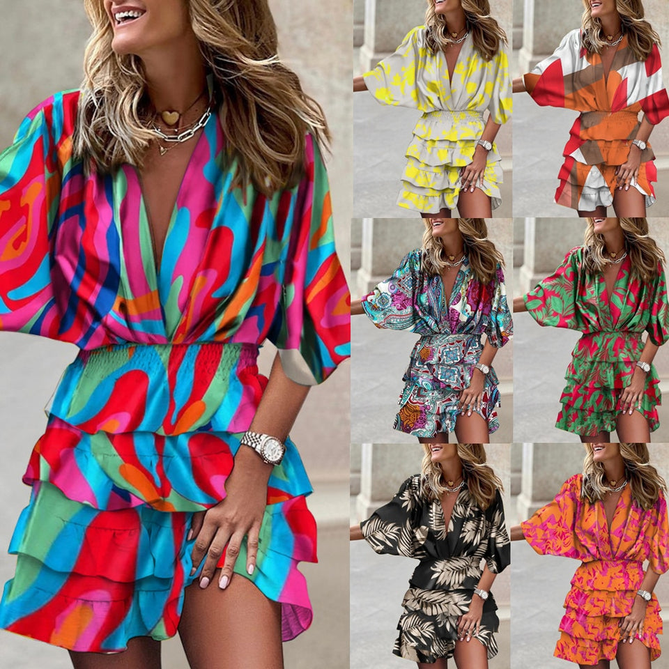 V-Neck Ruffled Mini Dress