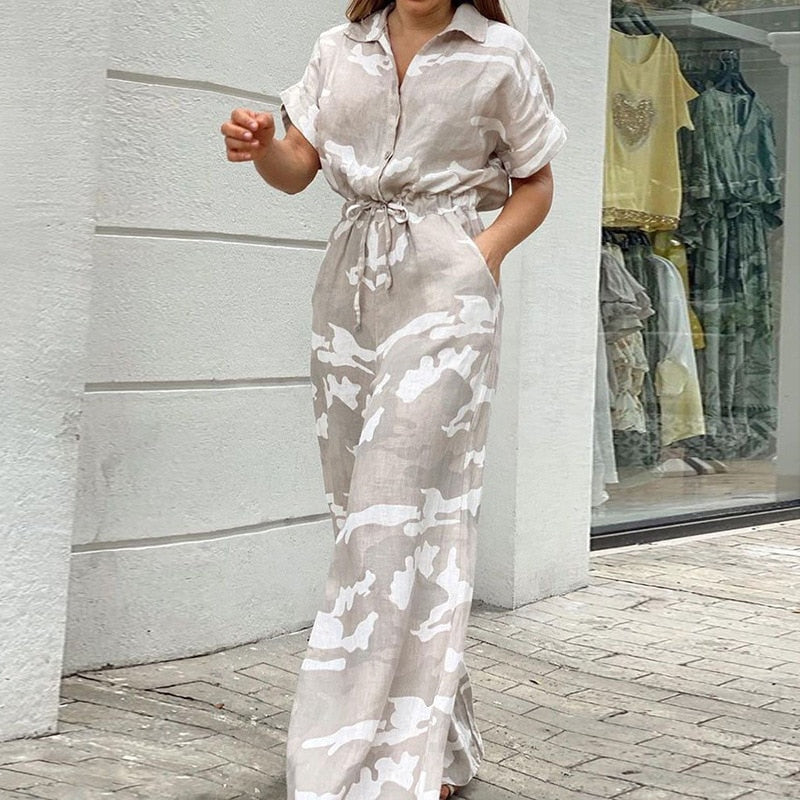 Drawstring Lace-up Shirt Jumpsuits