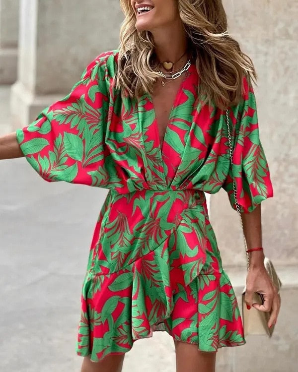 V-Neck Ruffled Mini Dress