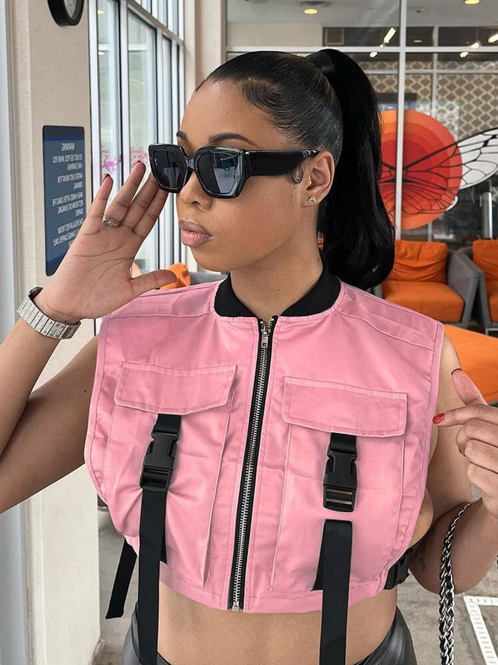 Pockets Buckle Sexy Cropped Vest - Veira Trending Shop