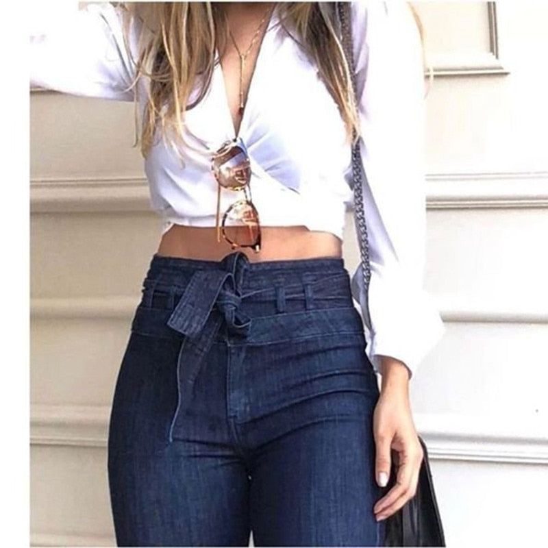 Denim Tie Waist Flare Jeans - Veira Trending Shop