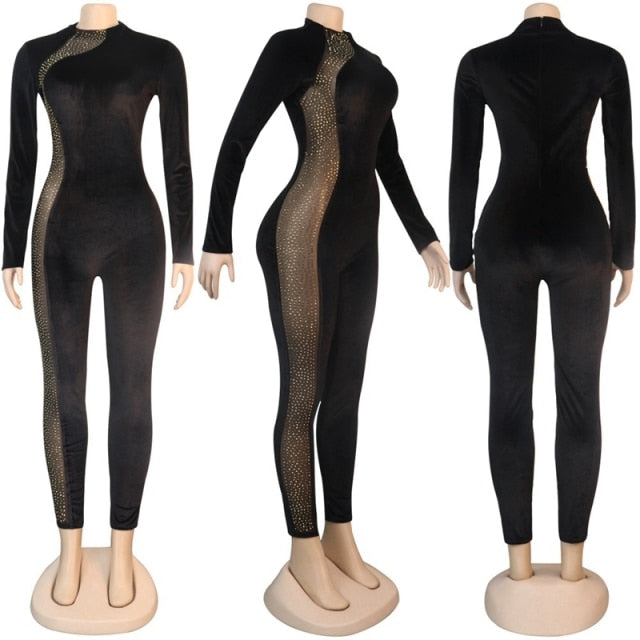 Rhinestone Patchwork Mesh Jumpsuit - Veira Trending Shop